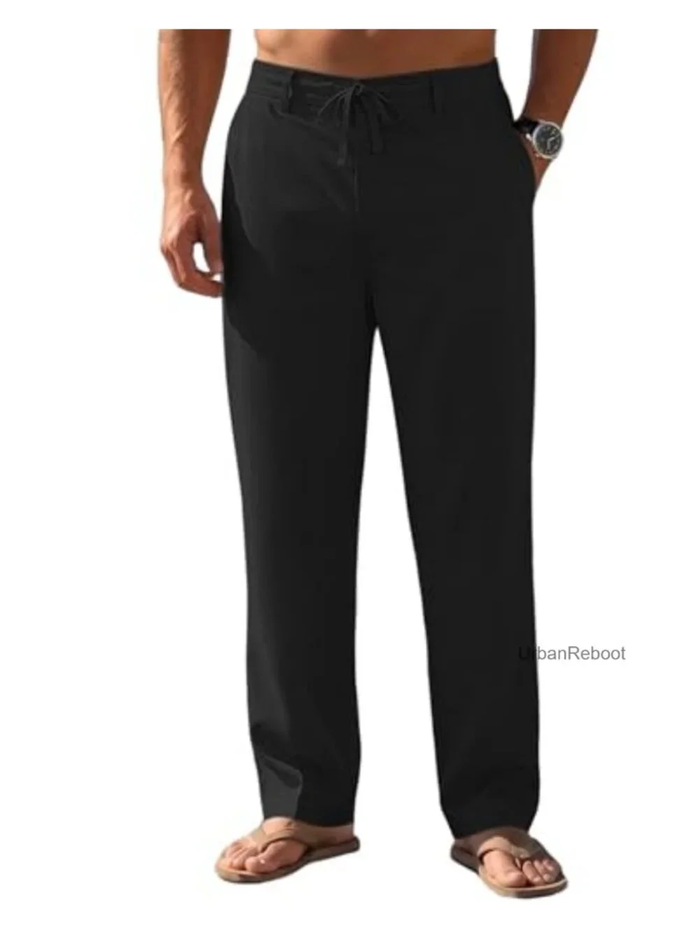 Mens Casual Linen Pants Relaxed Straight Fit Lightweight Beach Trousers